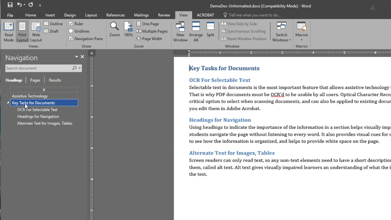 Use the navigation pane in Word