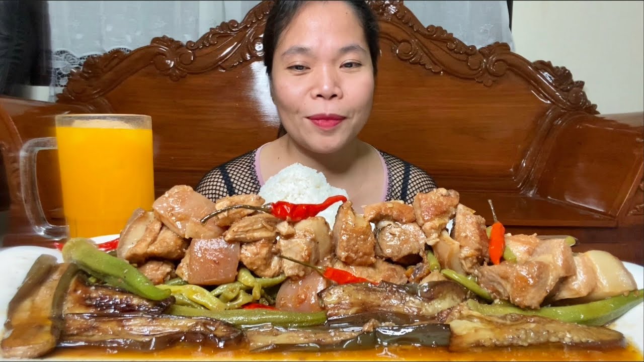 PORK BINAGOONGAN NA MAY SITAW TALONG AT OKRA | FILIPINO FOOD MUKBANG | ASMR
