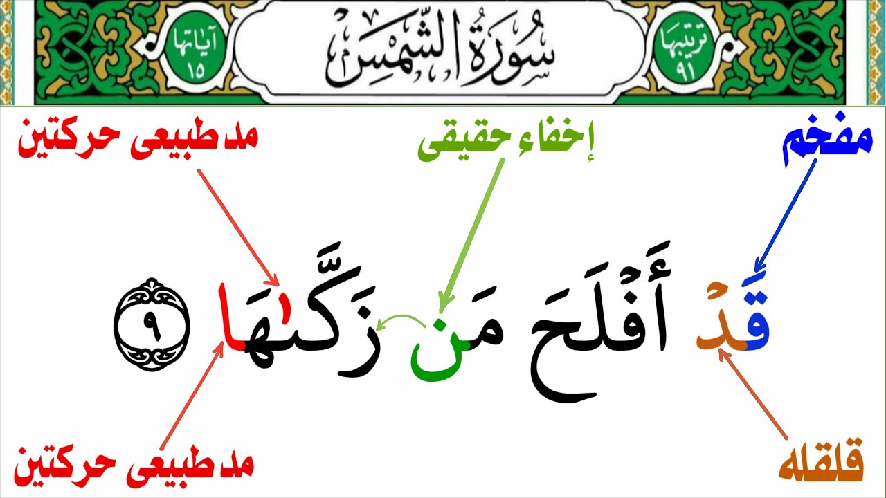 إستخراج أحكام التجويد سورة الشمس من(قد أفلح من زكاها)إلى(ولا يخاف عقباها)أسهل طريقه للمبتدئين