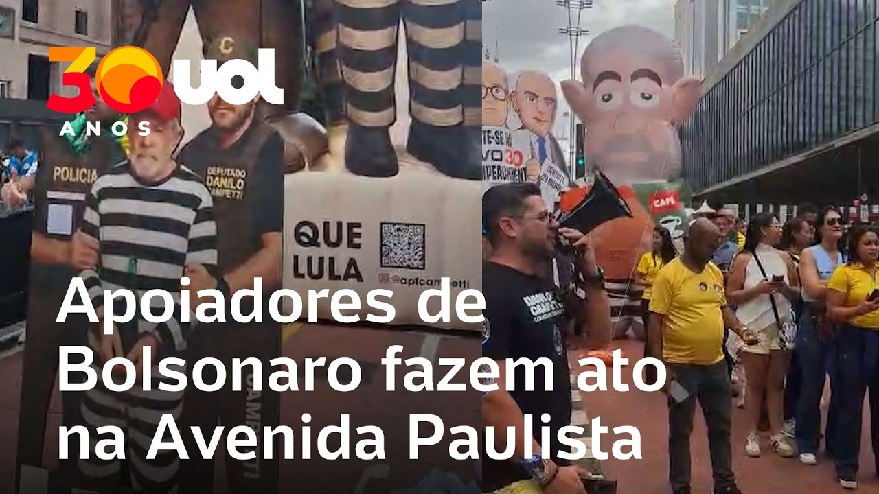 Ato na Paulista tem apoiadores de Bolsonaro fazendo fila para tirar foto com boneco de Lula preso