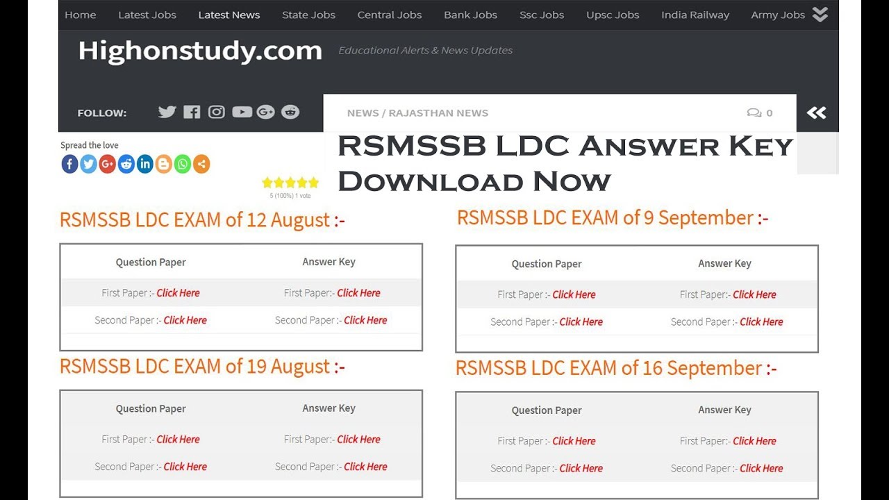 RSMSSB LDC Answer Key 2018 | Download Now in PDF for all Exams with Master Question Paper