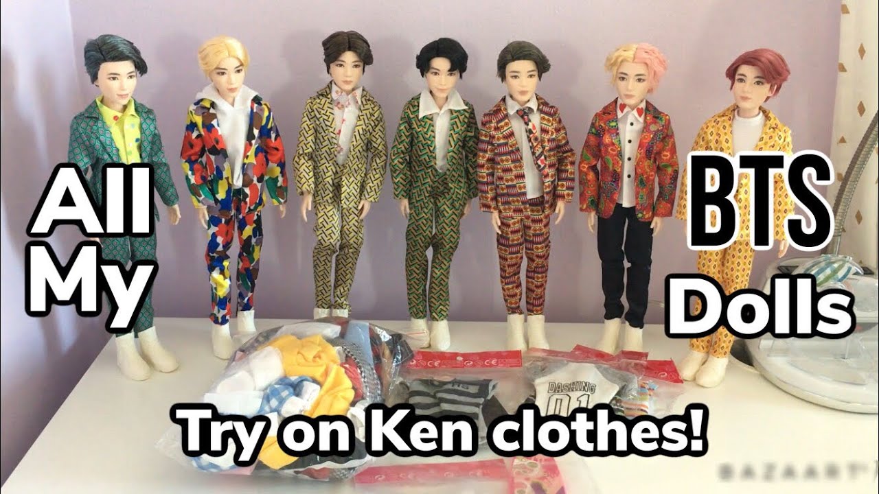 Trying Barbie Ken Doll clothes on ALL my BTS Dolls