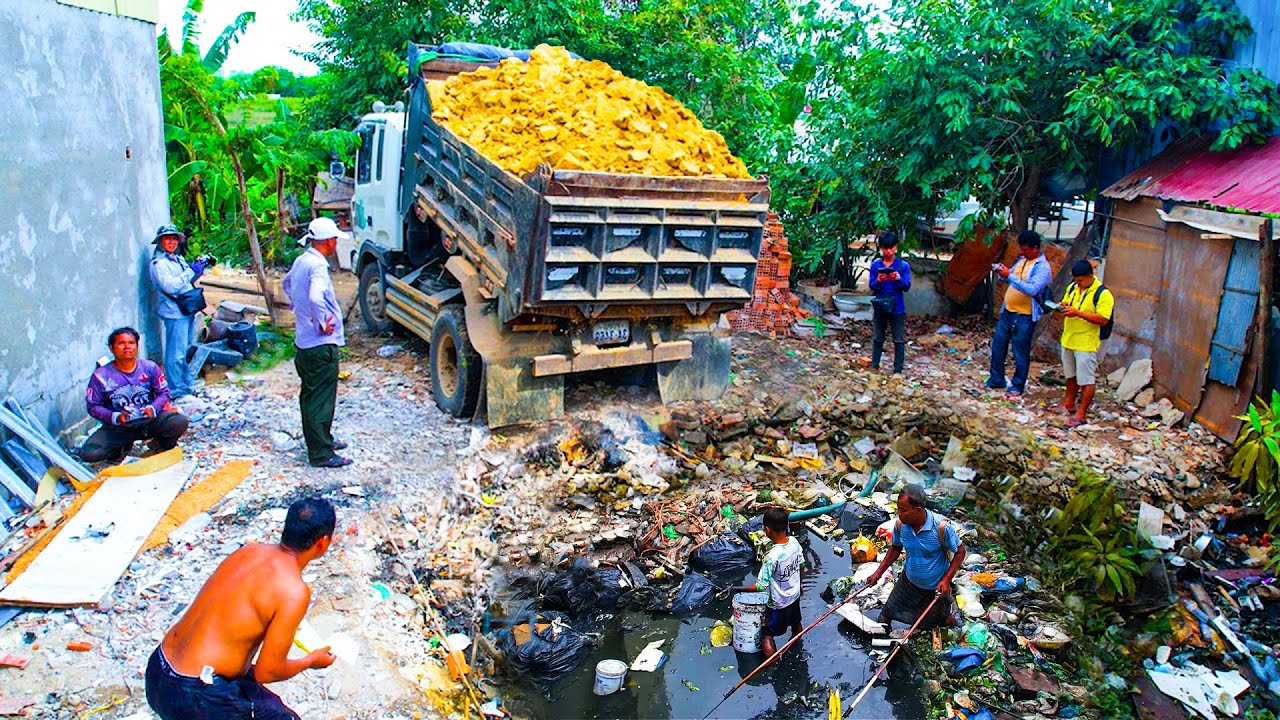 First Start Amazing Project.! LANDFILL Delete Garbage Pond By Dozer Pushing Soil With 5ton Trucks