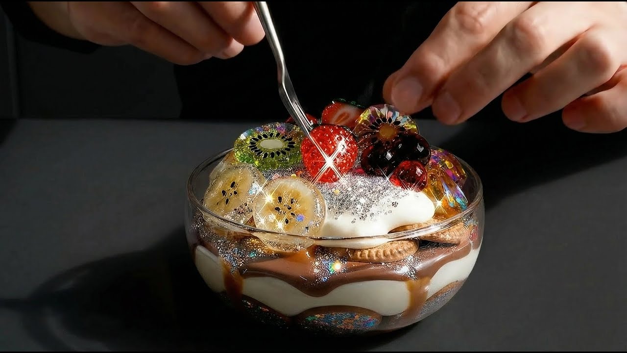 🍌✨ Magical Glass Banana Pudding ASMR 🍫🌟  Crunc