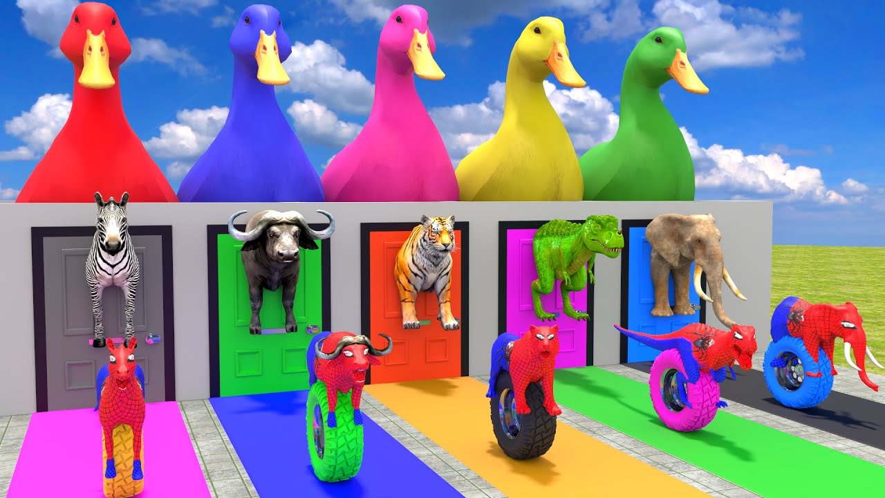 Long Slide Game With Cow Elephant Gorilla Hippopotamus Tiger - 3d Animal Game - Funny 3d Animals