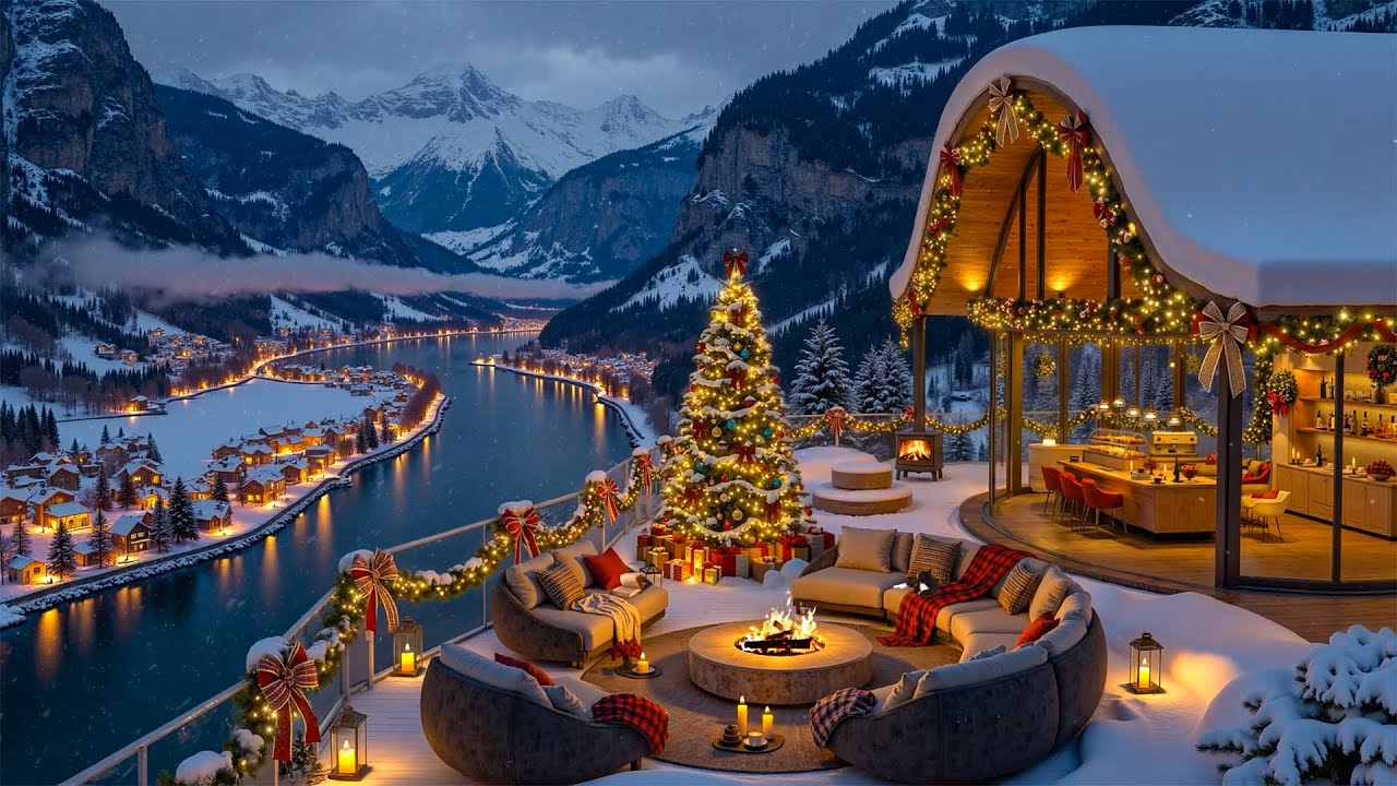 Warm Christmas Jazz🎄Snowy Mountain Caf&eacute; Terrace by the Fireplace at Night for Calm & Cozy Relaxation