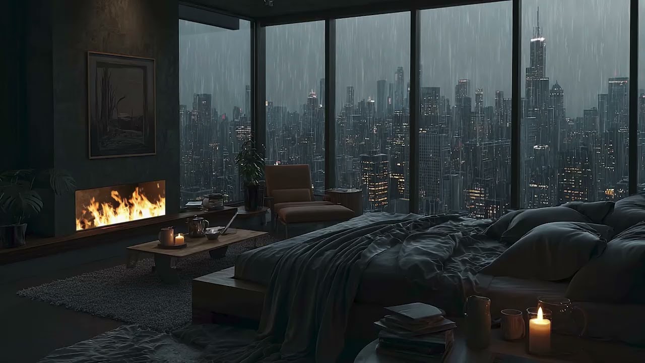 3 Hours Rainy Night Piano by the Fireplace | Peaceful Deep Sleep