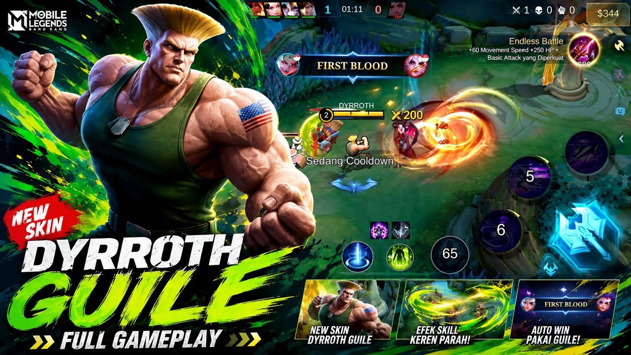 FULL GAMEPLAY NEW SKIN DYRROTH GUILE STREET FIGHTER | MOBILE LEGENDS 