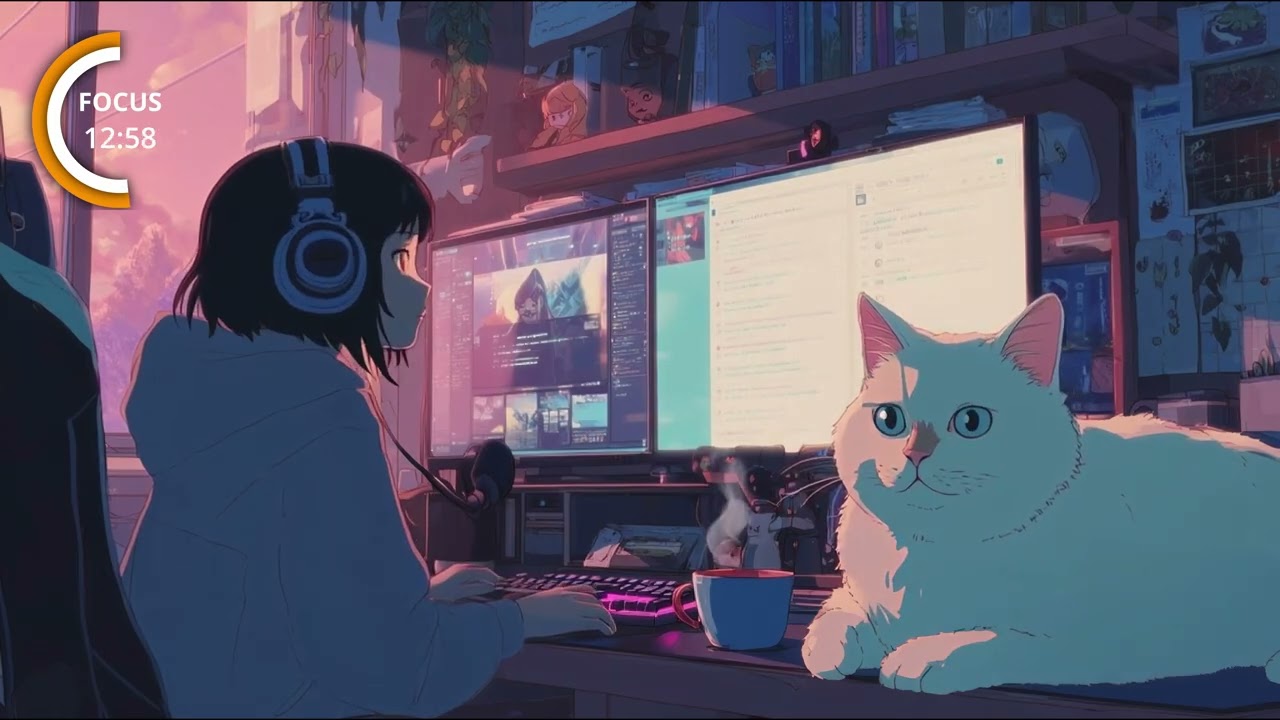 Lofi Study Room 4K | Evening Gamer Desk With My Cat | Pomodoro Timer for Deep Focus (25/5)