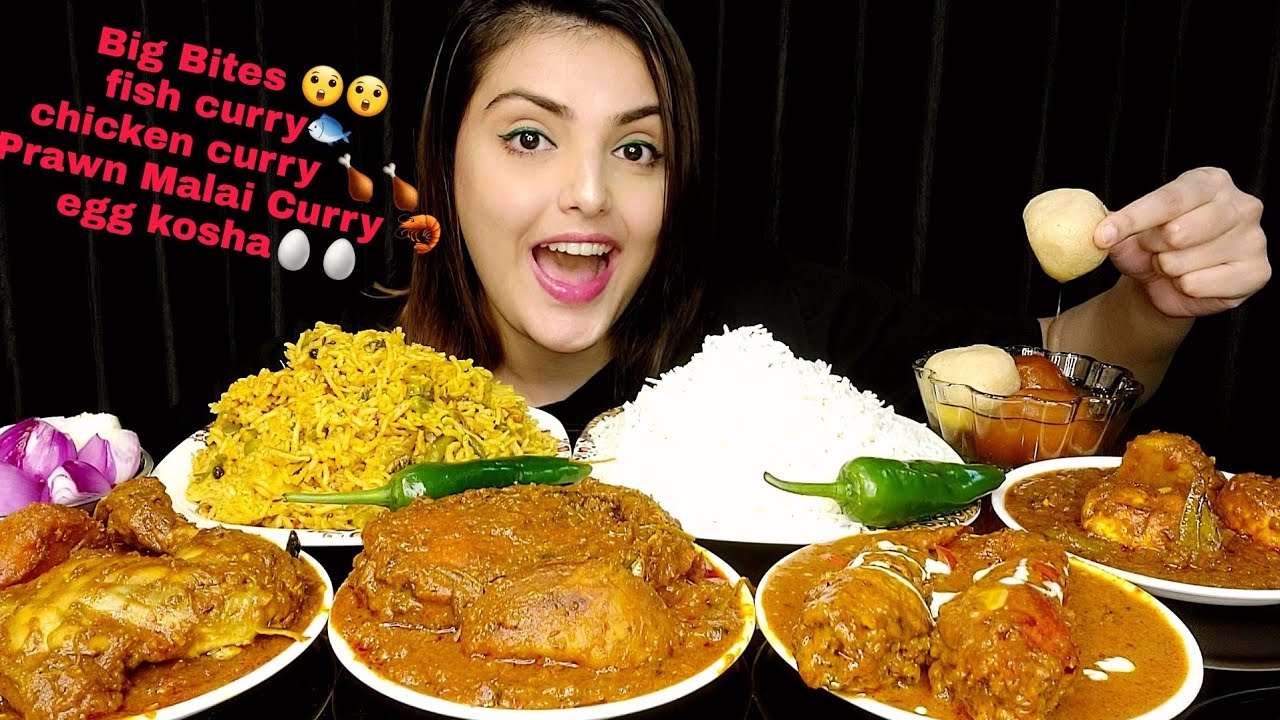 ASMR Eating: Spicy Chicken curry,Egg Kosha,Fish Kalia, Prawn Malai Curry, Veg Biryani, Indian Sweets