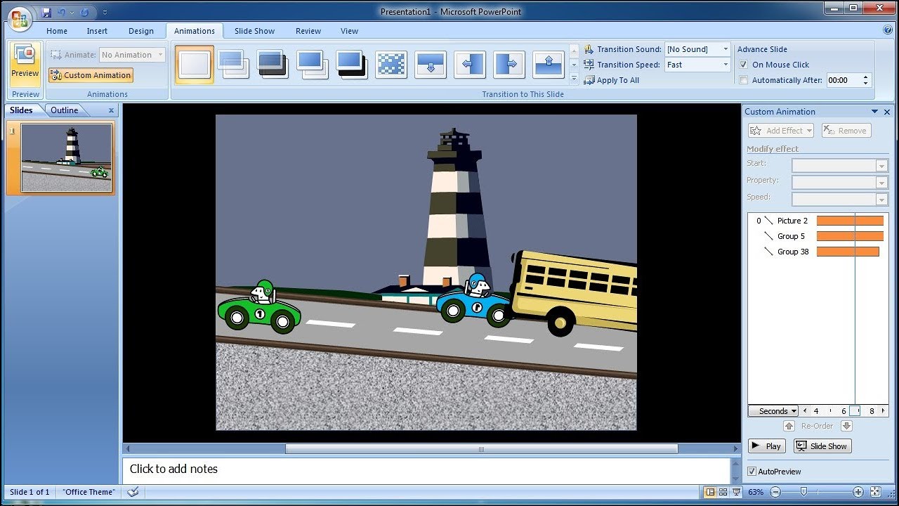 Tutorial PowerPoint 2007 |Cara Membuat Custom Animations Clipart Car dan Bus di PowerPoint