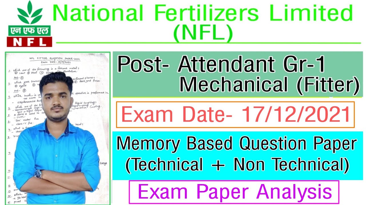 NFL Fitter Question Paper 17/12/2021 | NFL FITTER Question Paper 2021 | NFL Previous Year paper #nfl