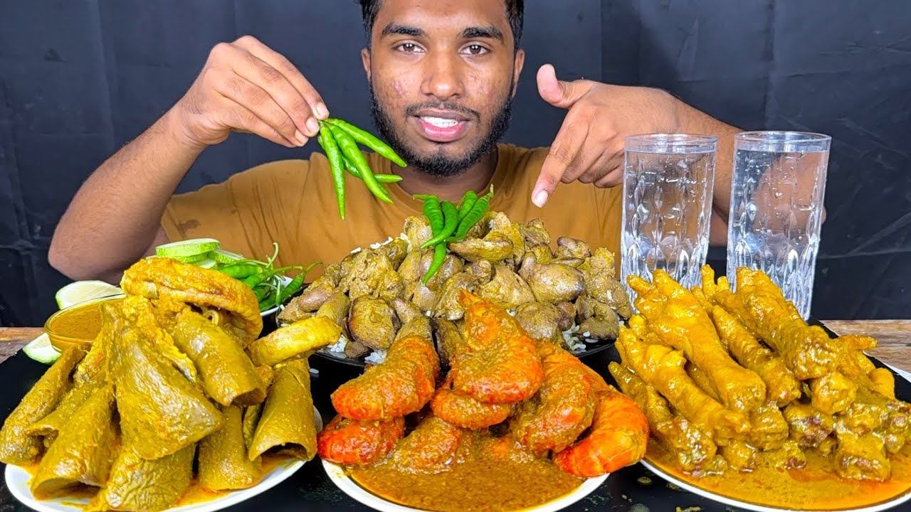 spicy goat full lungs curry, chicken feet curry, prawns curry and chicken liver curry with rice