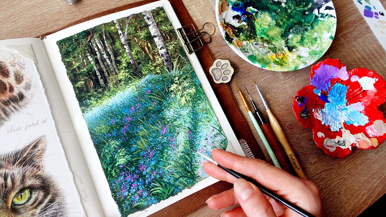 Painting peaceful cottage landscape in Gouache 🪻🌿 | no music