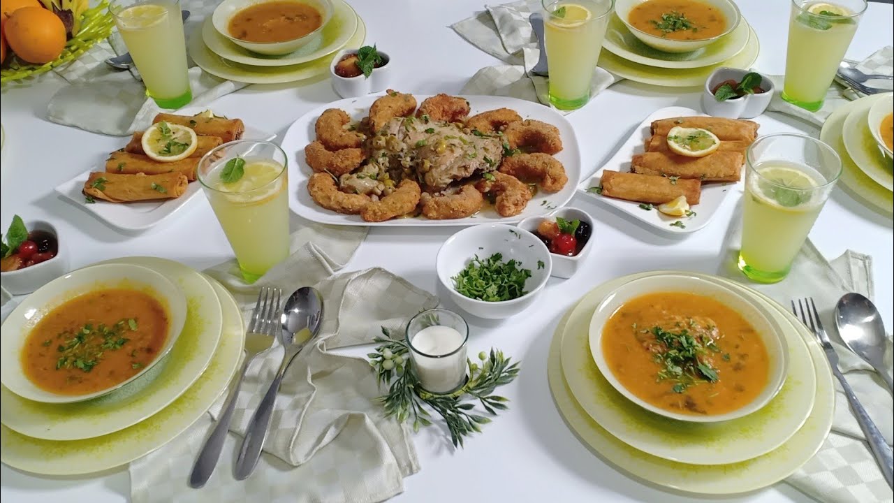 طاولة اول رمضان🌛شوربة فريك/ طاجين الهليلات المالح/ بوراك بكريمة الجبن والدجاج/ طاجين الحلو/ شاربات 🍹