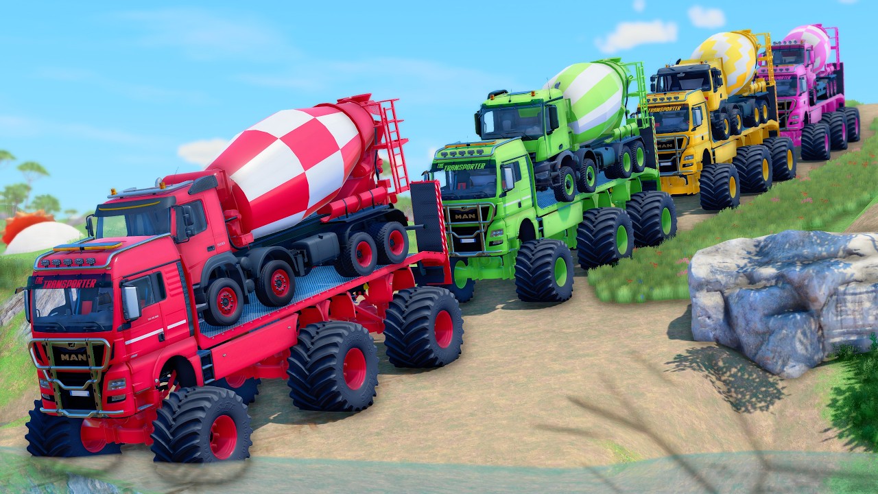 MONSTER FLATBED TRUCK LONG CONVOY TRANSPORT OF COLORS! ALL  MIXER TRUCK, MAN, RENAULT, VOLVO - FS25