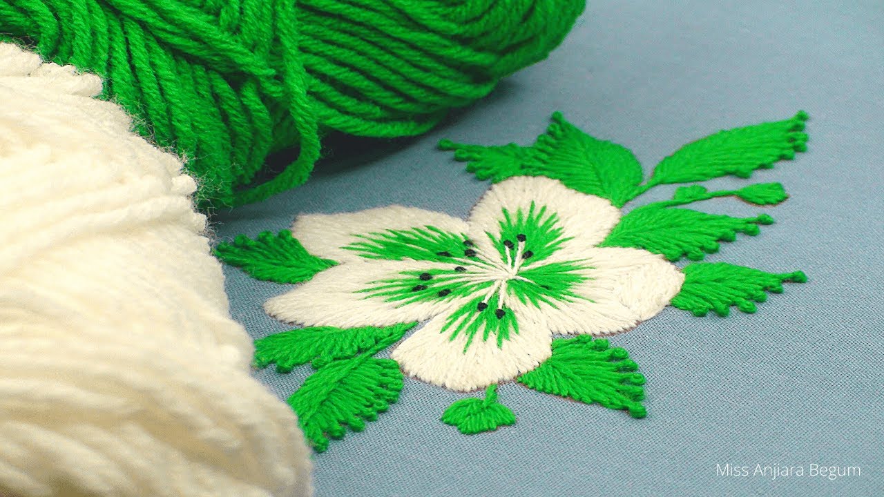 Learn Flower Embroidery  With Long and Short Stitch, Cute White Flower Design With Green Shade-625