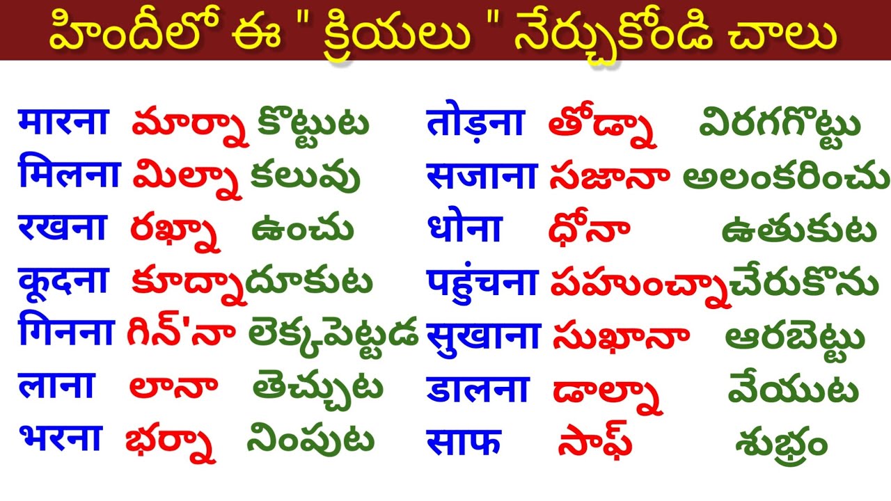 Hindi verbs through telugu | Learn hindi verbs in telugu hindi english | Hindi verbs Telugu