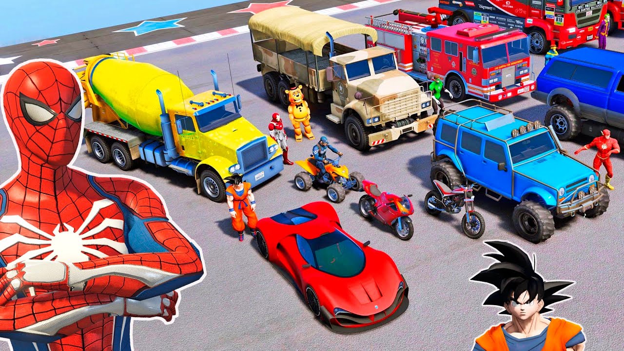 MOTOS, CARROS e CAMINHÕES com HOMEM ARANHA e HERÓIS! Desafio Carros na T Rampa - GTA V