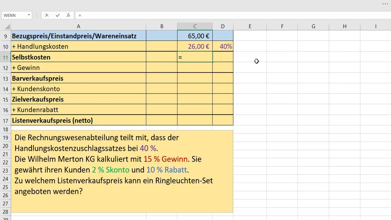 Handelskalkulation mit Excel I - Vorwärtskalkulation