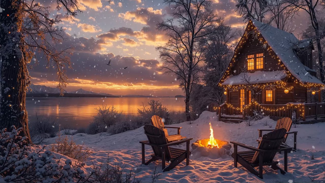 Tranquil Lakeside Winter and Campfire | Relaxing Fire Pit Ambience on Christmas Winter