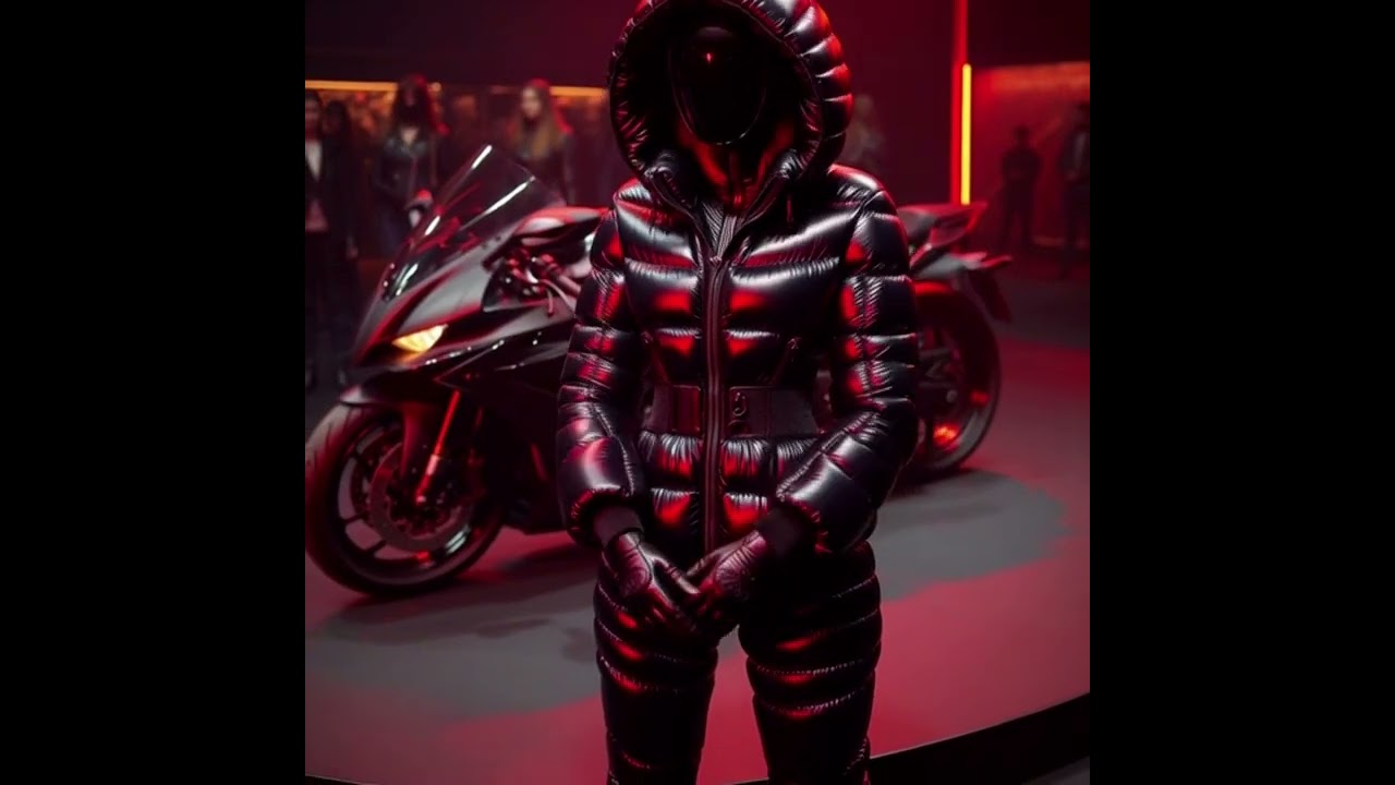 BLACK GLOSSY WARM SKI SUIT (SOLID WINTER SUIT) WITH HOOD AND MASK WITH RESPIRATOR AND GLASSES.