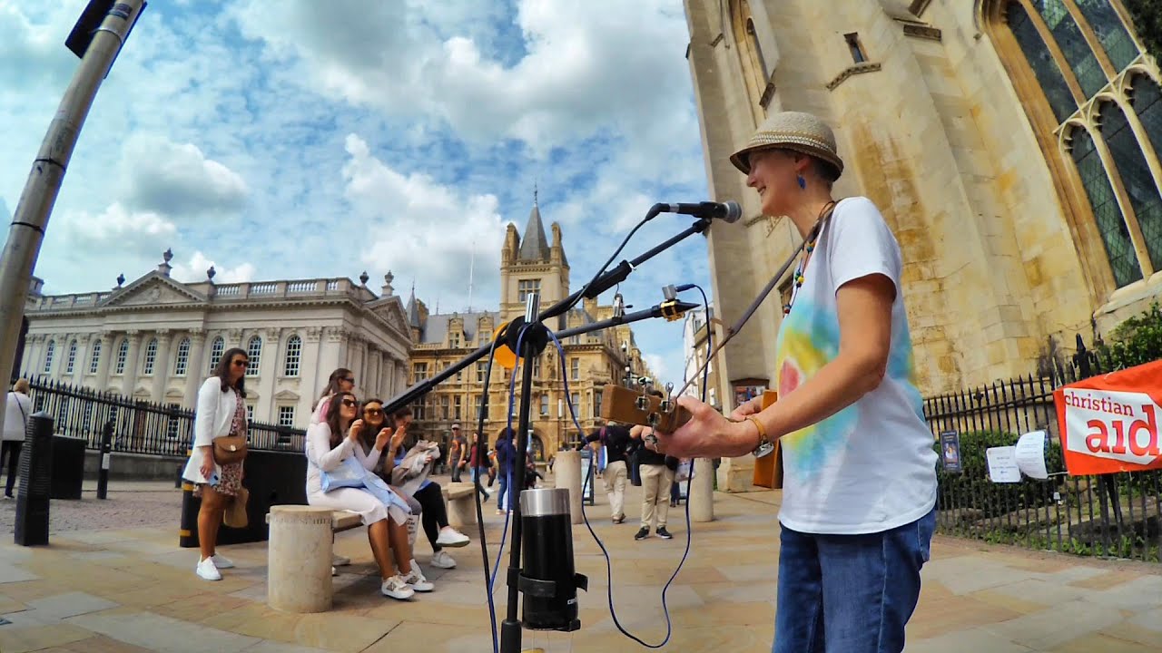Busking on King’s Parade Cambridge, w 3 String Cigar Box Guitar, homemade Sax, & homemade Didgeridoo
