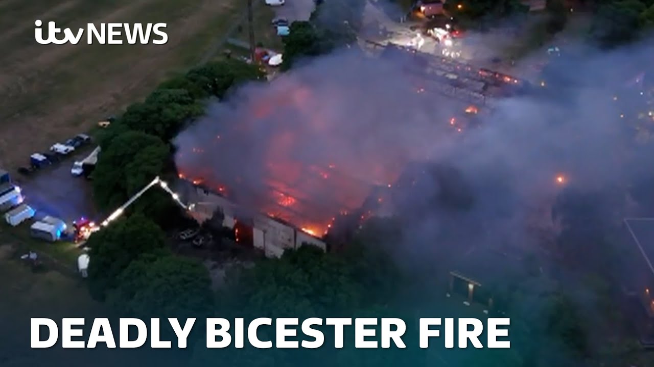 Watch: Aerial footage of former RAF site after fire leaves three dead | ITV News