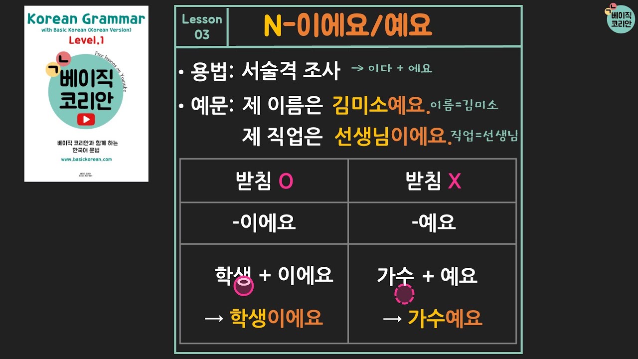 Lesson 03: N-이에요/예요 (서술격조사) | Korean Grammar with Basic Korean Level. 1 (Korean version)