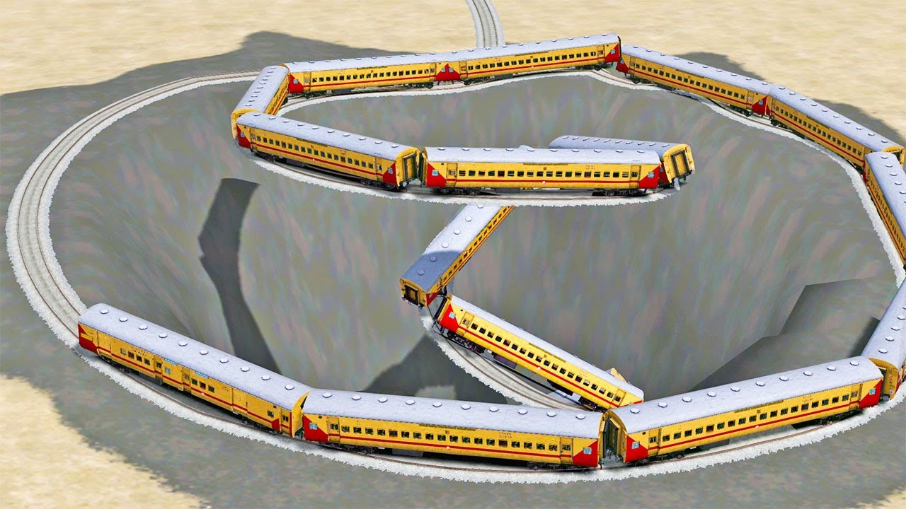 TRAINS ENTERING GIANT PIT HOLE | TRAINS VS GIANT PIT | CRAZY RAILROAD TRACKS | RailFun