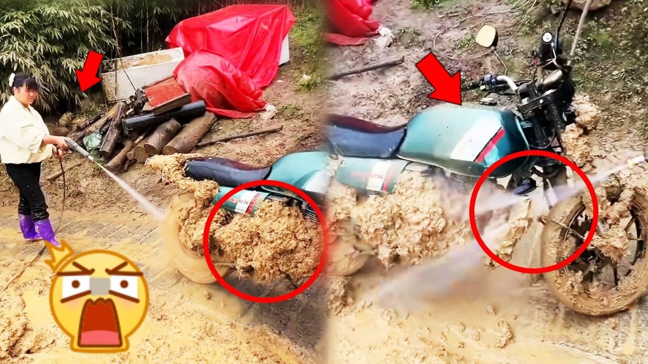 Motorcycle covered in thick mud after being ridden down from the rugged mountains, would $100 wash.