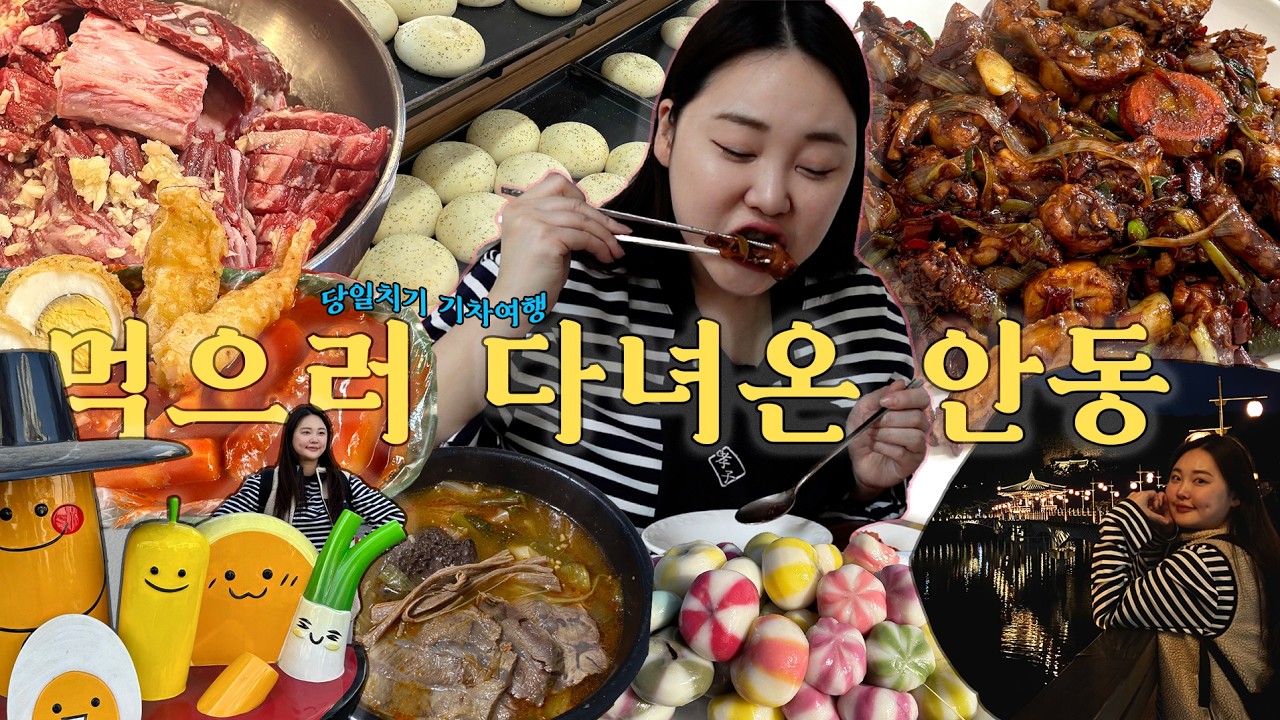 먹방여행vlog I 안동 당일치기 뚜벅이여행 I 옥야식당 선지국밥, 효자통닭 쪼림닭, 안동마늘갈비, 맘모스베이커리, 마수리떡, 떡볶이골목, 월영교야경