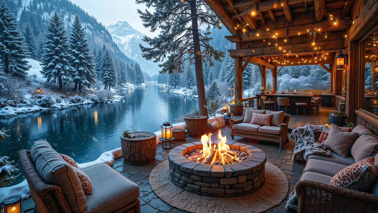 Snow Falling at the River Cabin Porch ❄️🔥 Cozy Crackling Firepit & Nature Sounds Ambience