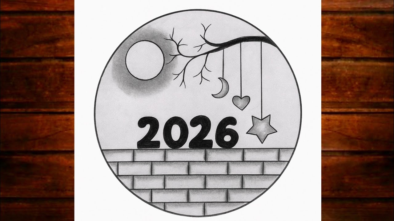 Happy New year 2026 drawing | New year drawing 2026 | Easy circle scenery drawing for beginners