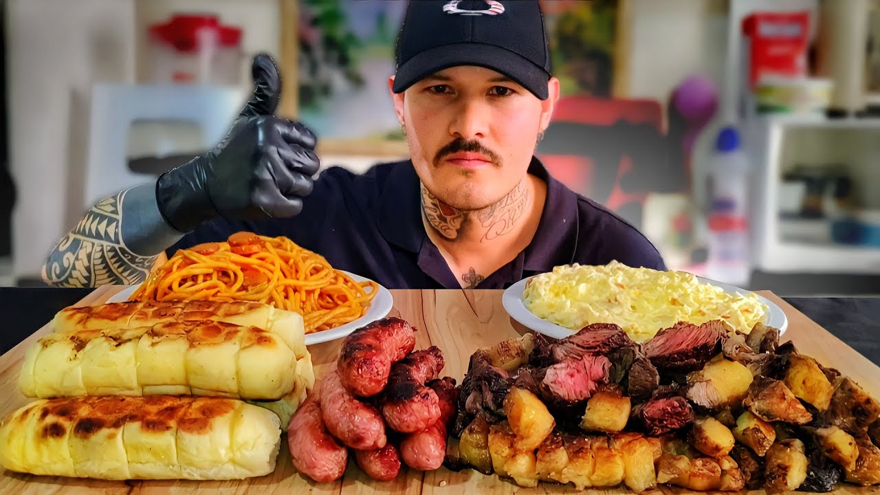 #154 MUKBANG BRASIL | CHURRASCO DE FRALDINHA, LINGUIÇA, PÃO DE ALHO, MACARRONADA E MAIONESE.