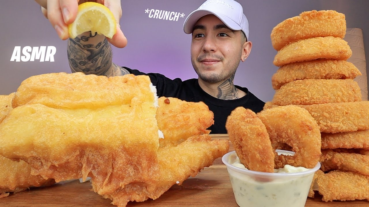 ASMR EATING Crispy Fish and Chips, Onion Rings *No Talking*