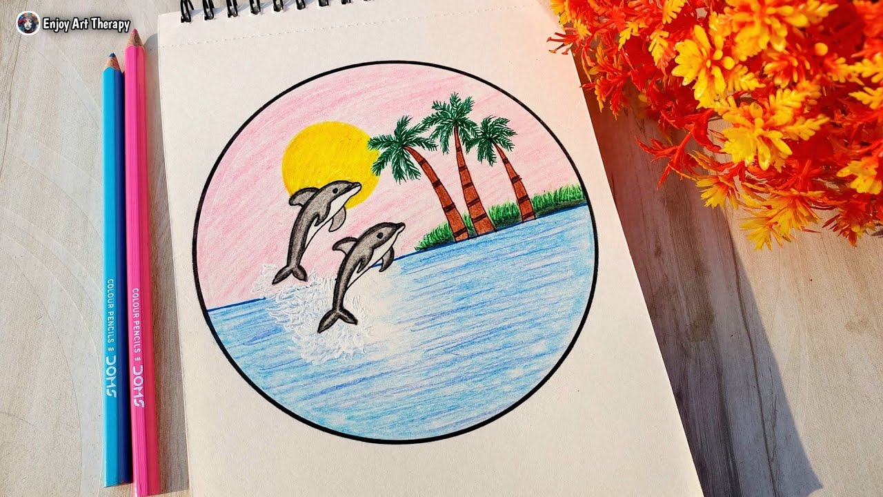 How To Draw Scenery Of Dolphin In beach step by step || Scenery Drawing Pencil Colour 