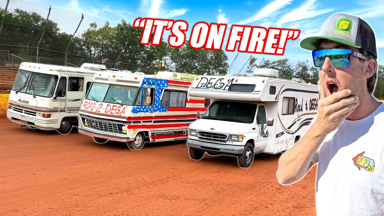 CHEAP RV BATTLE Day 2 - Dirt Track Race, Major Fire, Fire Extinguisher Mishap