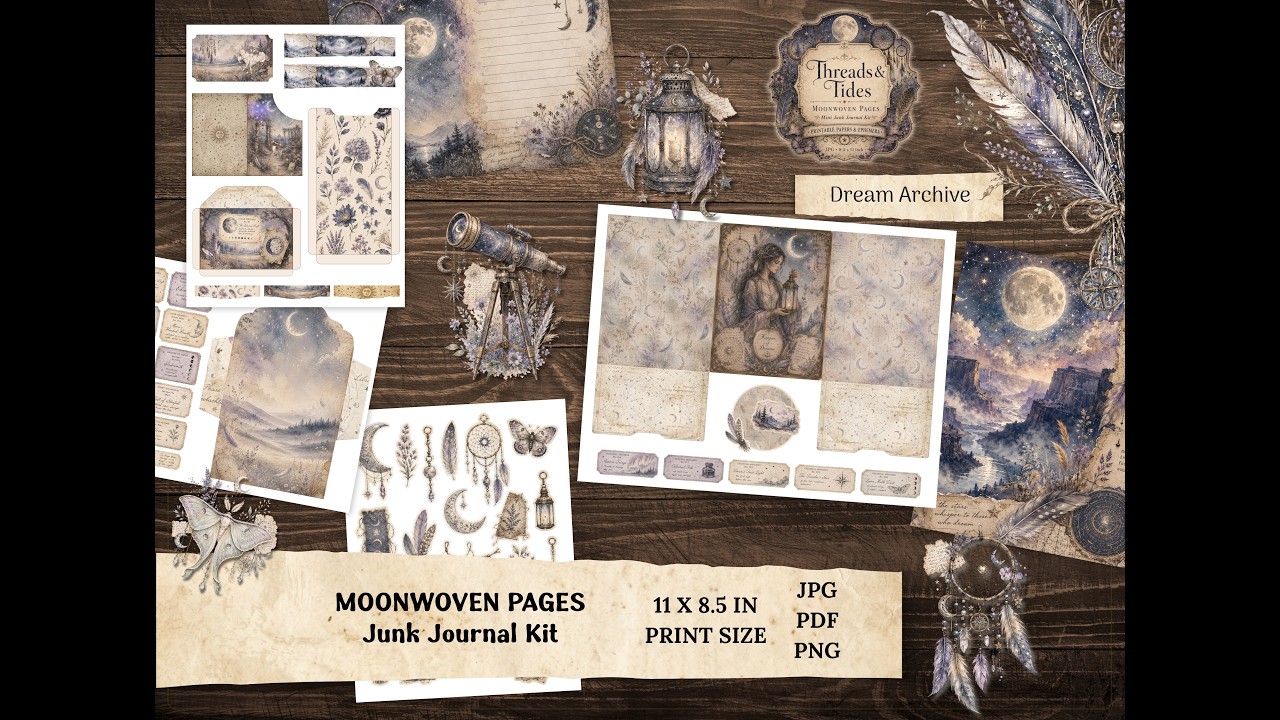 Moonwoven Pages  Celestial Printable Journal Kit with Clipart, Ephemera & Dream Archive Papers