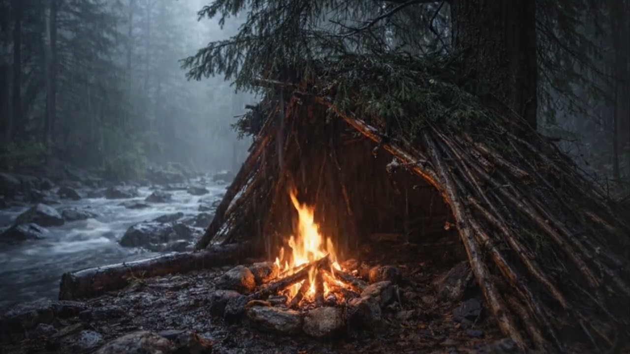 3 Hours Rainy Survival Campfire by the River 🌧️🔥 Cozy Forest Shelter Ambience for Sleep & Relaxation