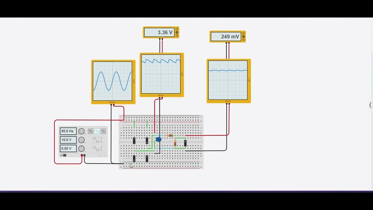 AC-DC FULL WAVE BRIDGE RECTIFIER POWER SUPPLY CIRCUIT CONFIGURATION using TINKERCAD