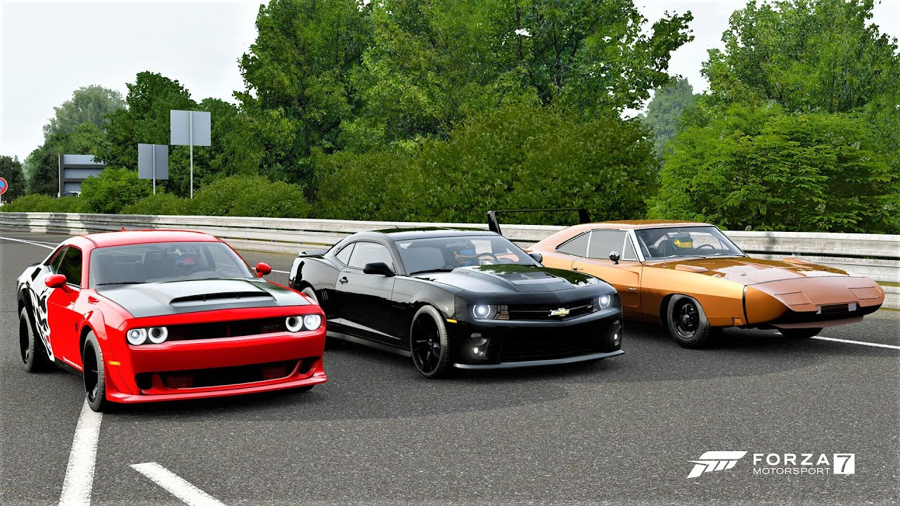 Forza 7 Drag race: Dodge Demon vs Camaro ZL1 (710hp) vs Dodge Charger Daytona (737hp)