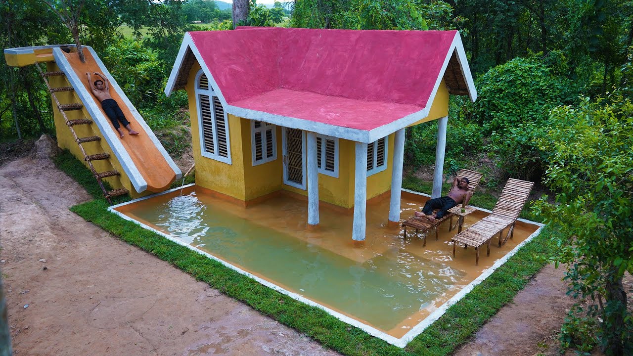 Real Life in Forest Of Holidays Build a Beautiful Dream House And a Slide Underground Swimming Pool