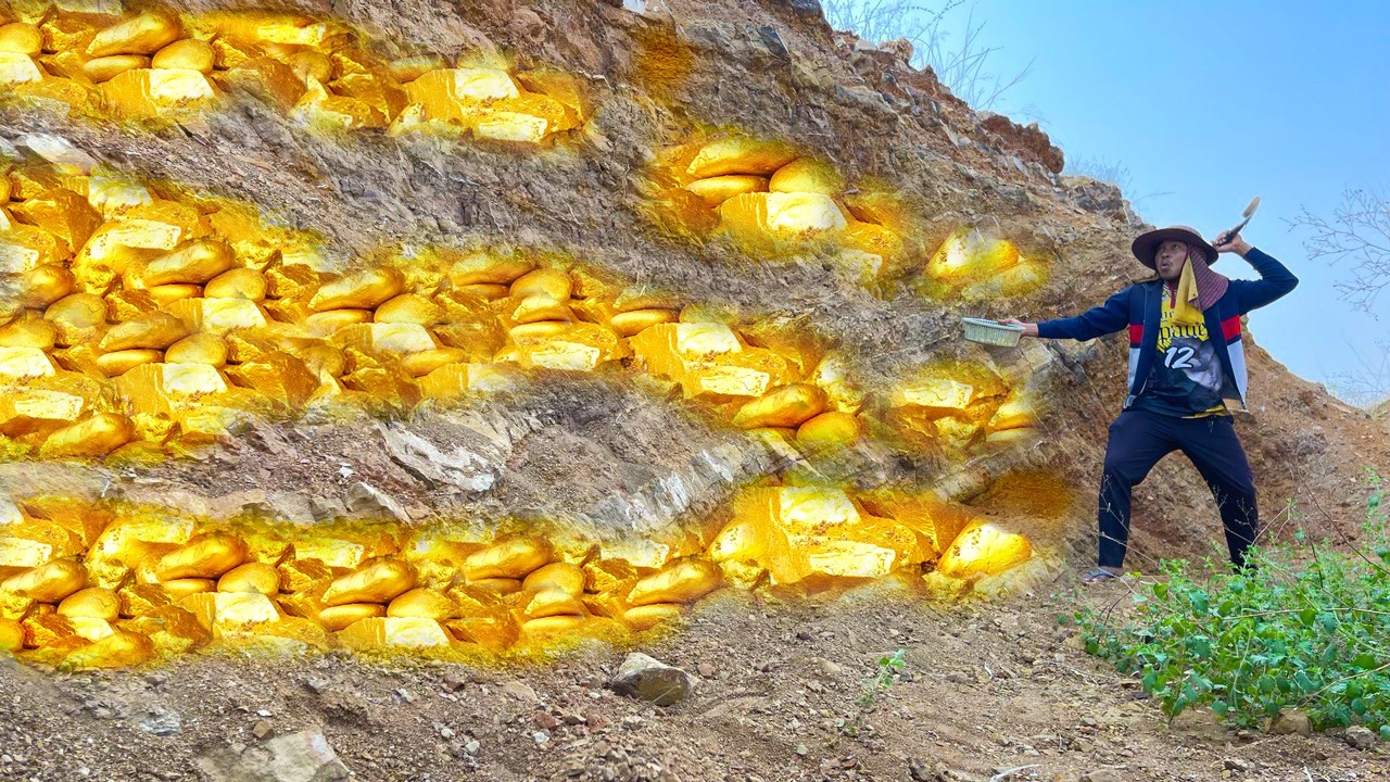 wow amazing finding! a gold hunter found a lot of gold treasure  at mountain