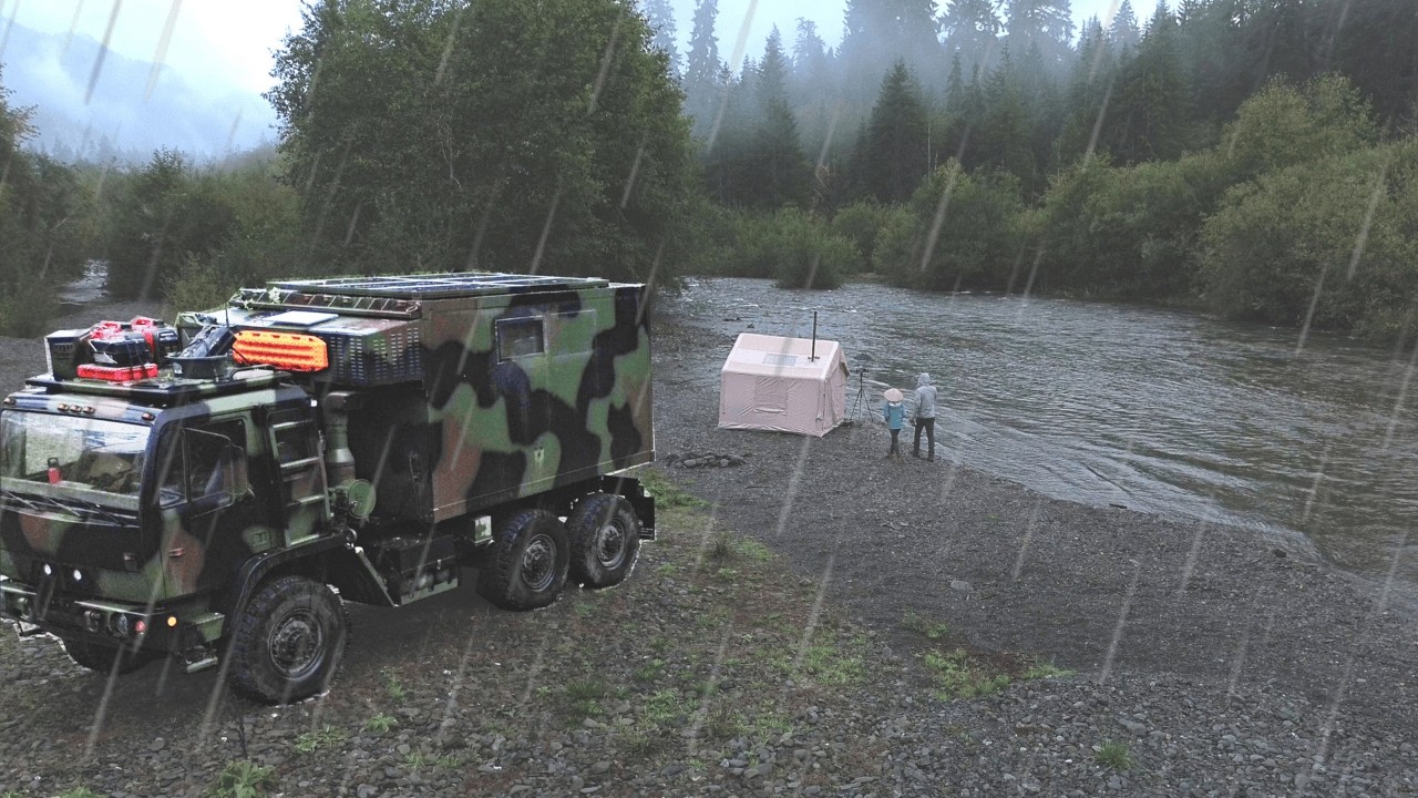 Camping By The River In Heavy Rain - Almost Flooded Our Camper Truck