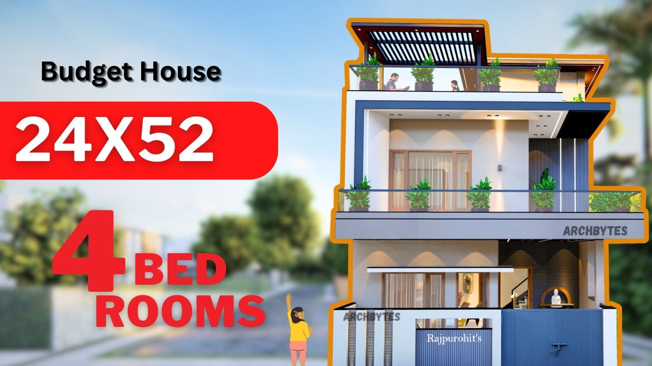 24x52 House Design 3D | 4 Bed room Duplex with Terrace Garden | Archbytes