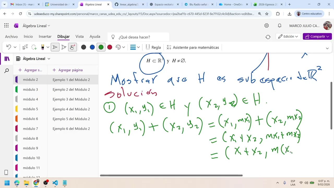 Cómo mostrar que toda recta que pasa por el origen es subespacio del plano  utilizando OneNote