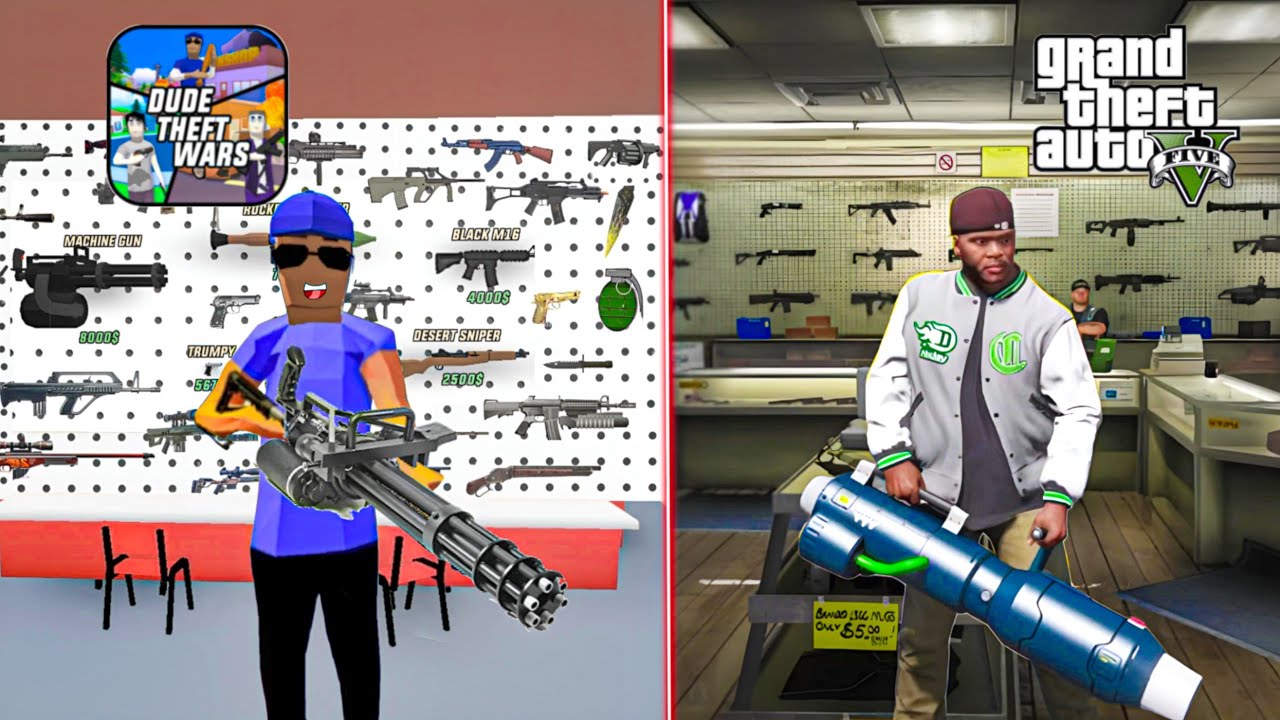 Dude Theft Wars vs GTA 5 - Weapons and Guns Buying Almost (Widowmaker, Rail Gun Sniper Rifle & more)