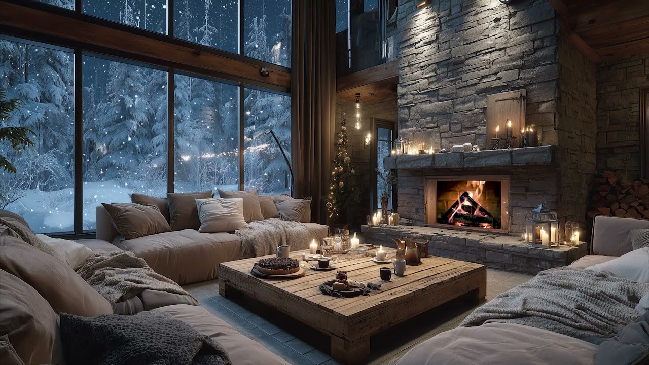 Warm Fireplace in a Snowy Winter Cabin at Night with Soft Jazz Music for Stress Relief