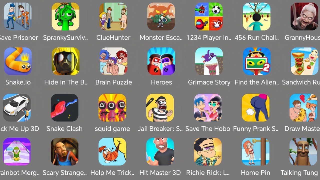 Spranky Survival,Clue Hunter,Pick Me up 3d,Find the alien,Draw Master,Richie Rick,Squid Game,Roblox 